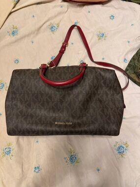Michael Kors Brown Signature Satchel with Red Handles